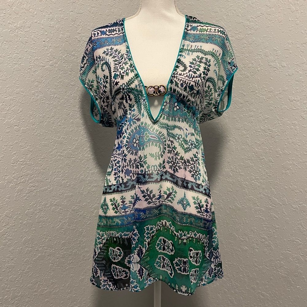 Becca Beach Cover Up Sheer Tunic Hi Lo High Low Summer Dress Shirt S